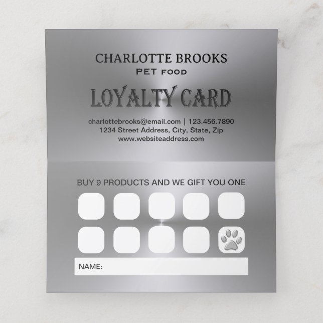 Silver Dog Paw on black Pet Grooming Service Loyalty Card (Inside Unfolded)