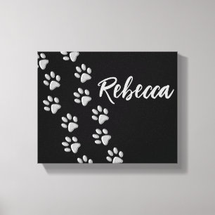 Silver Dog Paws black Background Print Pattern