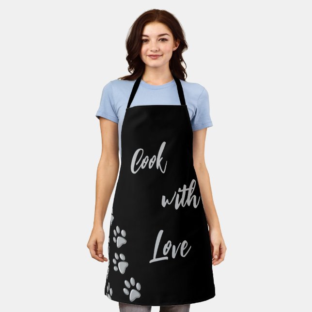 Silver Dog Paws black Background Print Pattern Apr Apron (Worn)