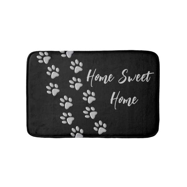 Silver Dog Paws black Background Print Pattern Bath Mat (Front)
