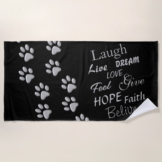 Silver Dog Paws black Background Print Pattern Beach Towel (Front)