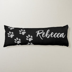 Silver Dog Paws black Background Print Pattern Body Cushion