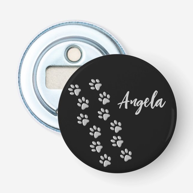 Silver Dog Paws black Background Print Pattern Bottle Opener (Front)