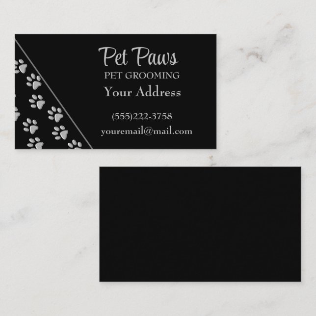 Silver Dog Paws black Background Print Pattern Business Card (Front/Back)
