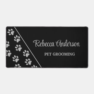 Silver Dog Paws black Background Print Pattern Desk Mat