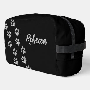 Silver Dog Paws black Background Print Pattern Dopp Kit