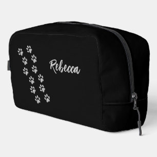 Silver Dog Paws black Background Print Pattern Dopp Kit