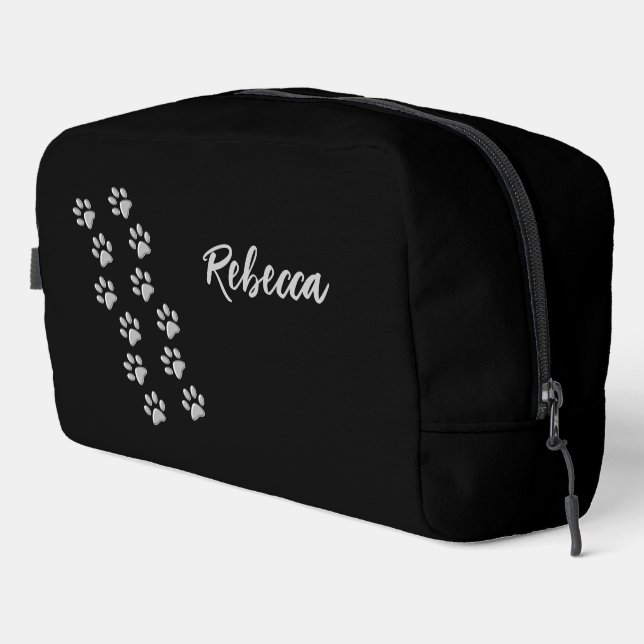 Silver Dog Paws black Background Print Pattern Dopp Kit (Right Corner)
