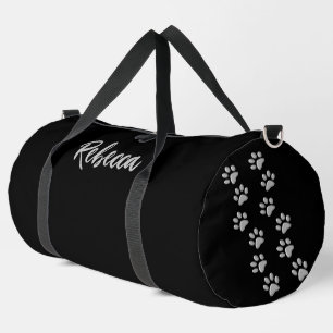 Silver Dog Paws black Background Print Pattern Duffle Bag