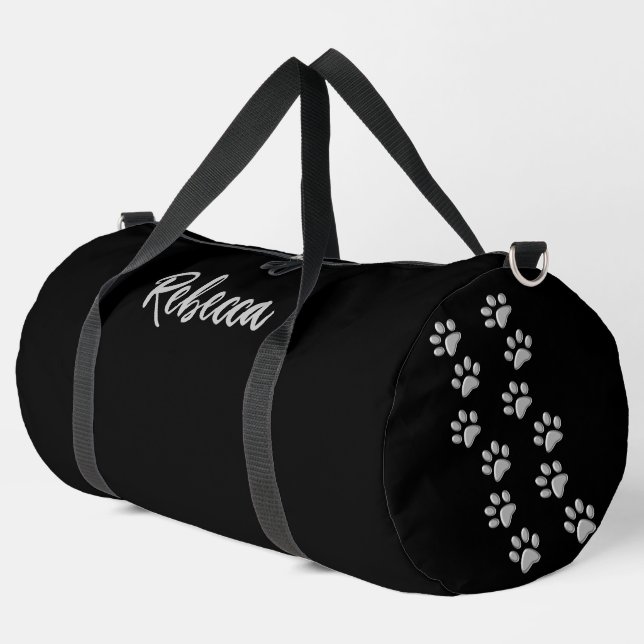 Silver Dog Paws black Background Print Pattern Duffle Bag (Left Corner)