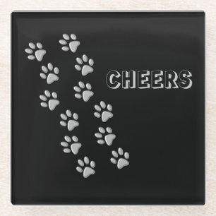 Silver Dog Paws black Background Print Pattern Glass Coaster