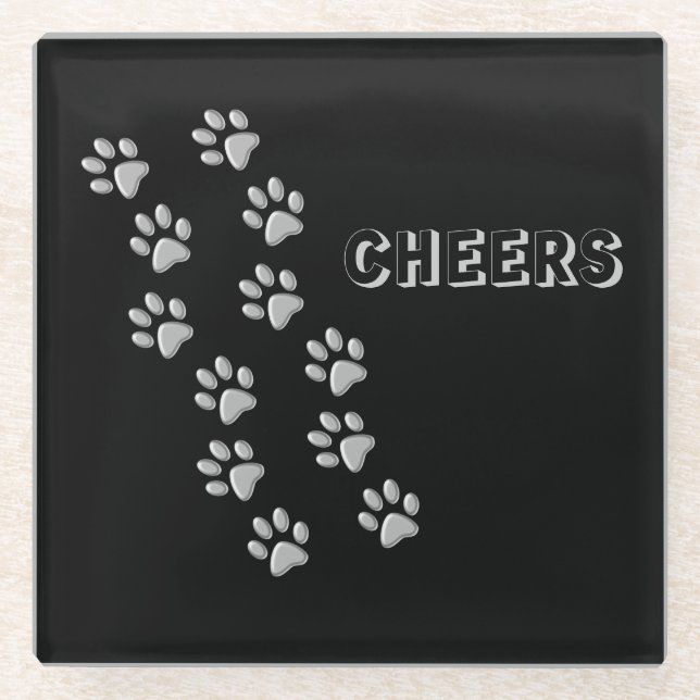 Silver Dog Paws black Background Print Pattern Glass Coaster (Front)