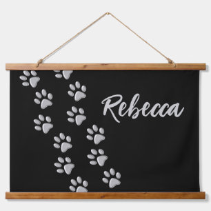 Silver Dog Paws black Background Print Pattern Hanging Tapestry