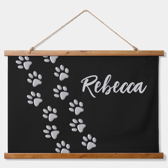 Silver Dog Paws black Background Print Pattern Hanging Tapestry (Front)