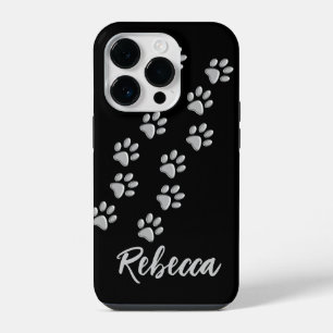 Silver Dog Paws black Background Print Pattern iPhone 14 Pro Case