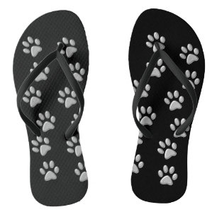 Silver Dog Paws black Background Print Pattern Jandals