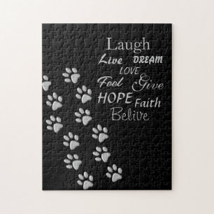 Silver Dog Paws black Background Print Pattern Jigsaw Puzzle