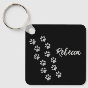 Silver Dog Paws black Background Print Pattern Key Ring