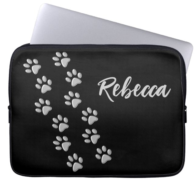 Silver Dog Paws black Background Print Pattern Laptop Sleeve (Front)