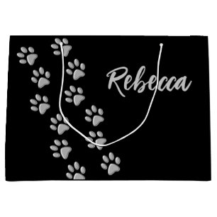 Silver Dog Paws black Background Print Pattern Large Gift Bag