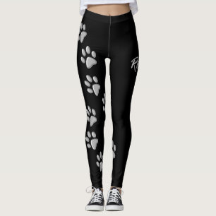 Silver Dog Paws black Background Print Pattern Leggings