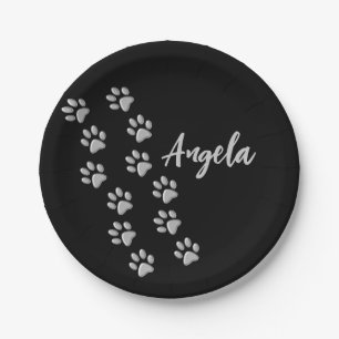 Silver Dog Paws black Background Print Pattern Paper Plate