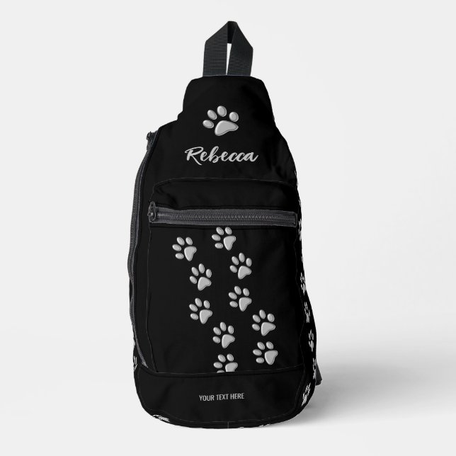 Silver Dog Paws black Background Print Pattern Sling Bag (Front)