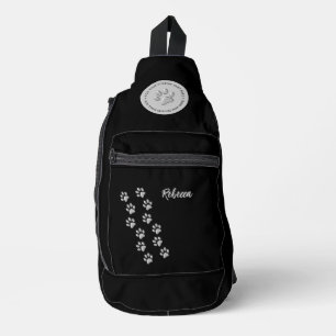 Silver Dog Paws black Background Print Pattern Sling Bag