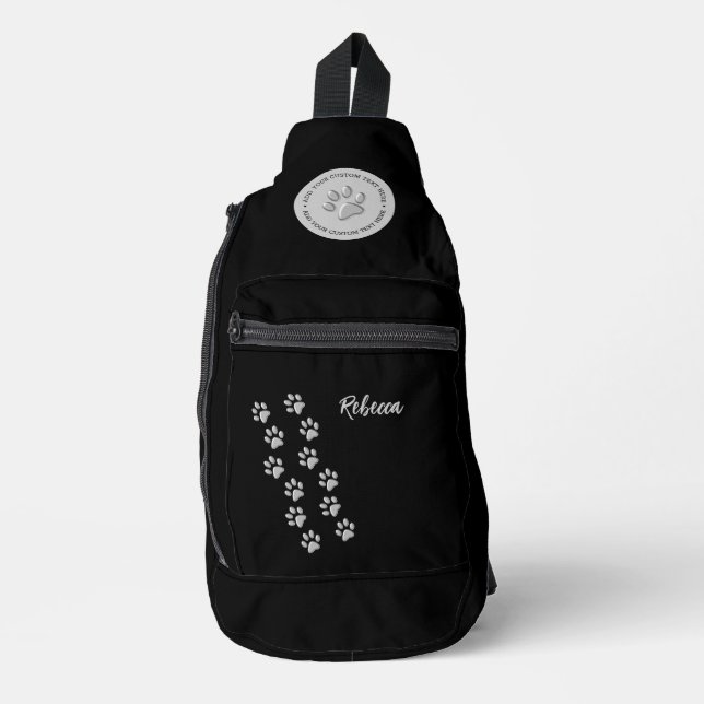 Silver Dog Paws black Background Print Pattern Sling Bag (Front)