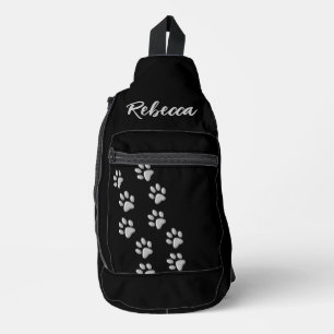 Silver Dog Paws black Background Print Pattern Sling Bag