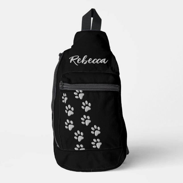 Silver Dog Paws black Background Print Pattern Sling Bag (Front)