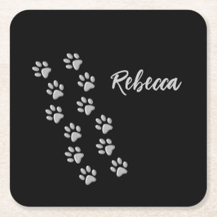 Silver Dog Paws black Background Print Pattern Square Paper Coaster