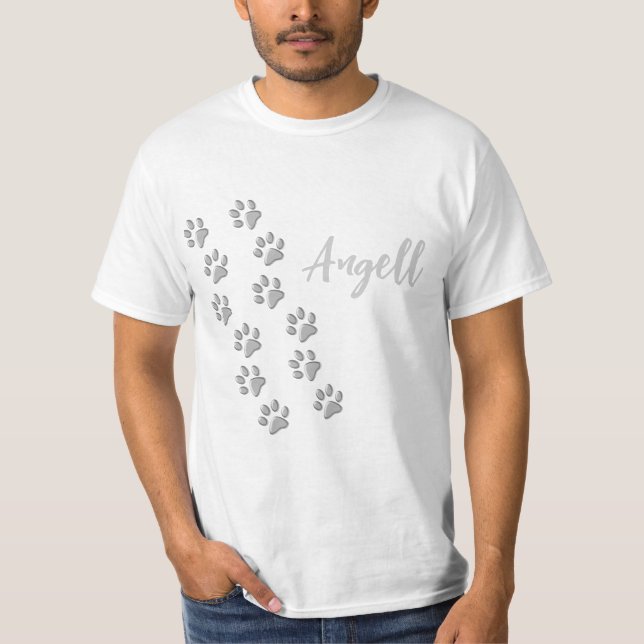 Silver Dog Paws black Background Print Pattern T-Shirt (Front)