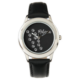 Silver Dog Paws black Background Print Pattern Watch