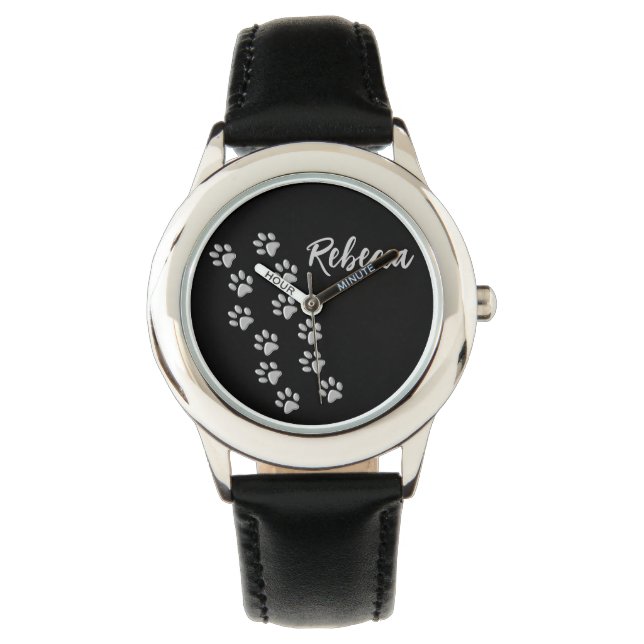 Silver Dog Paws black Background Print Pattern Watch (Front)