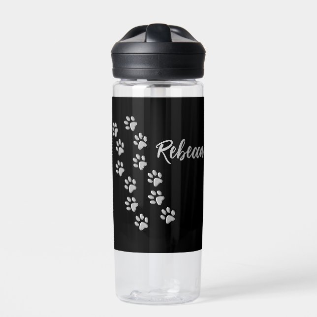 Silver Dog Paws black Background Print Pattern Water Bottle (Front)