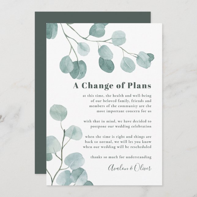 Silver Dollar Eucalyptus Wedding Postponement Invitation (Front/Back)