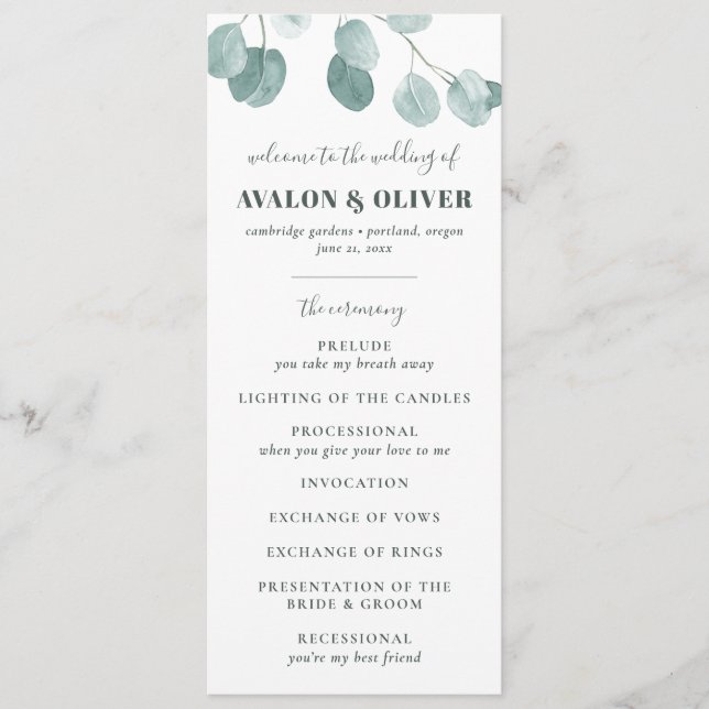 Silver Dollar Eucalyptus Wedding Programme (Front)