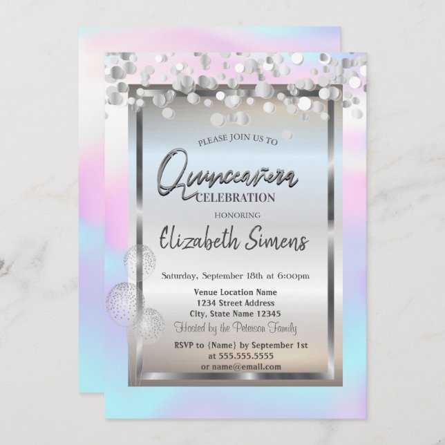 Silver Dots Balloons Frame Holographic Quinceañera Invitation (Front/Back)