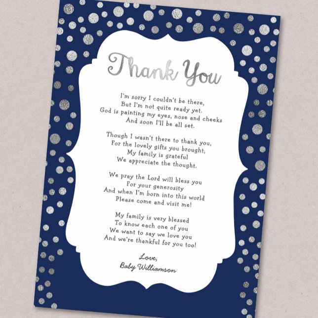 Silver Dots navy boy baby shower thank you notes Invitation (Creator Uploaded)