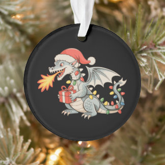 Silver Dragon Santa Hat Christmas Lights Present Ornament