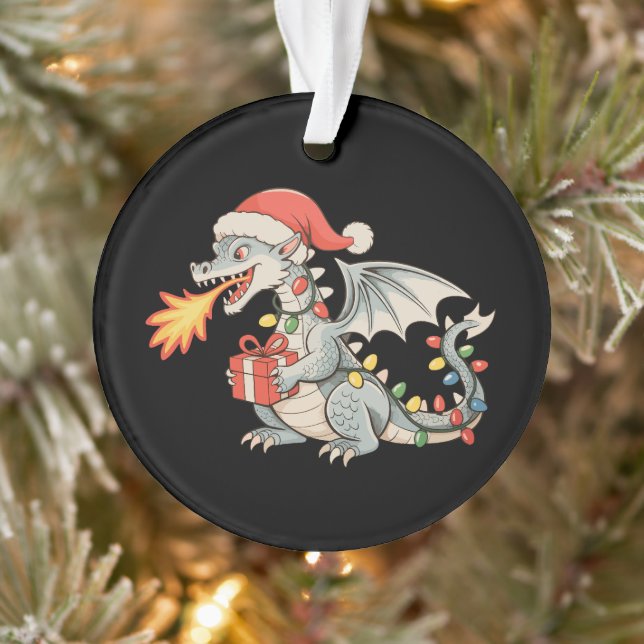 Silver Dragon Santa Hat Christmas Lights Present Ornament (Tree)