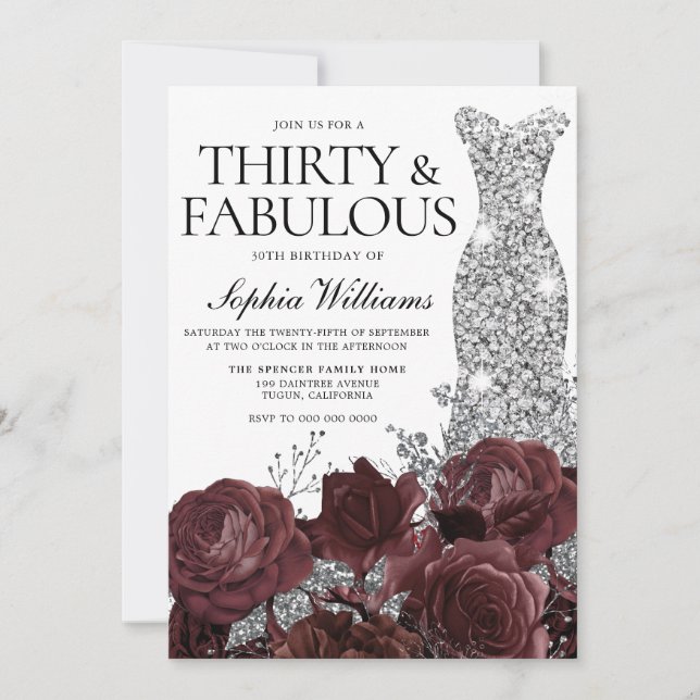 Silver Dress Burgundy Roses 30th Birthday Party Invitation (Front)