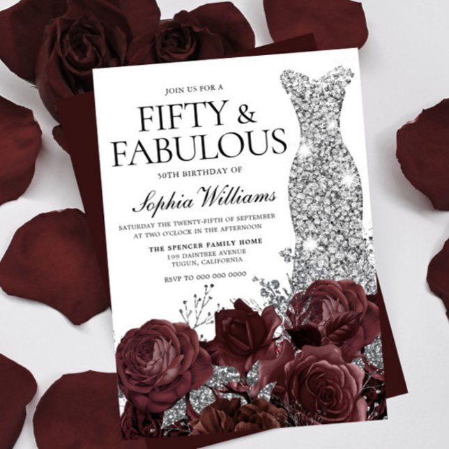 Silver Dress Burgundy Roses 50th Birthday Party  Invitation (Creator Uploaded)