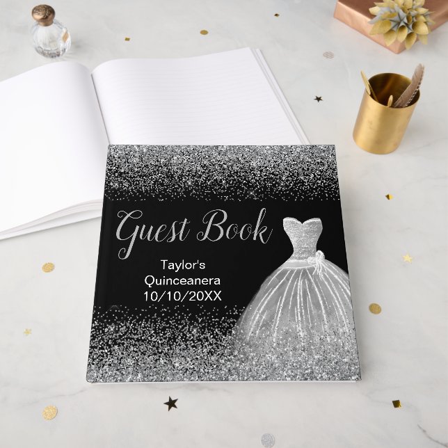 Silver Dress Faux Glitter Quinceanera Guest Book (Front Open)