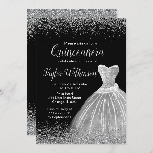 Silver Dress Faux Glitter Quinceanera Invitation (Front/Back)