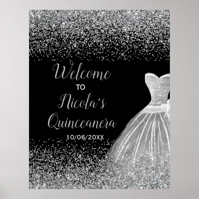 Silver Dress Faux Glitter Quinceanera Welcome Poster (Front)