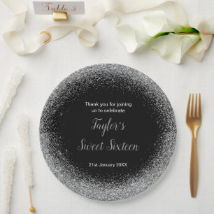 Silver Dress Faux Glitter Sweet 16 Birthday Paper Plate