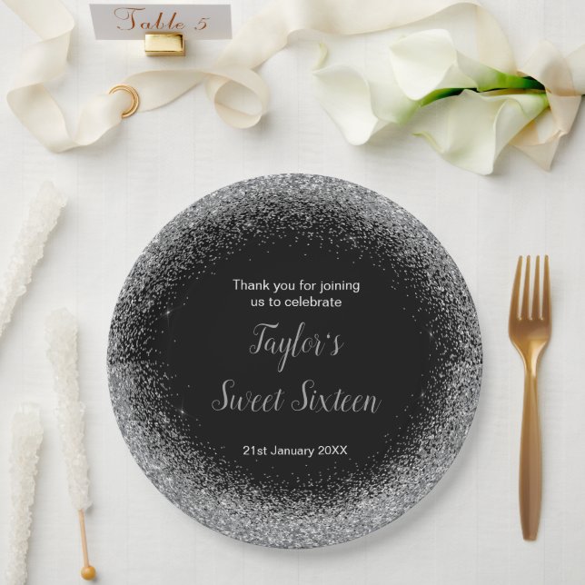 Silver Dress Faux Glitter Sweet 16 Birthday Paper Plate (Wedding)