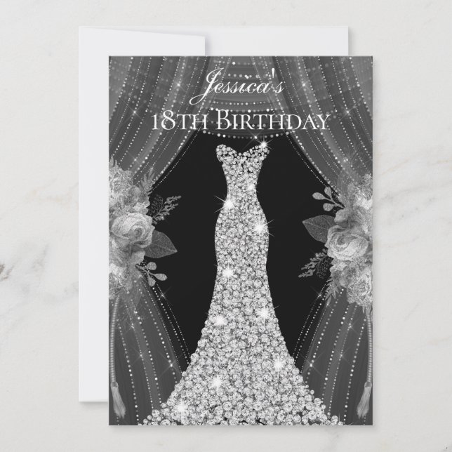 Silver Dress Girls 17th 18th 19th Birthday Party Invitation (Front)